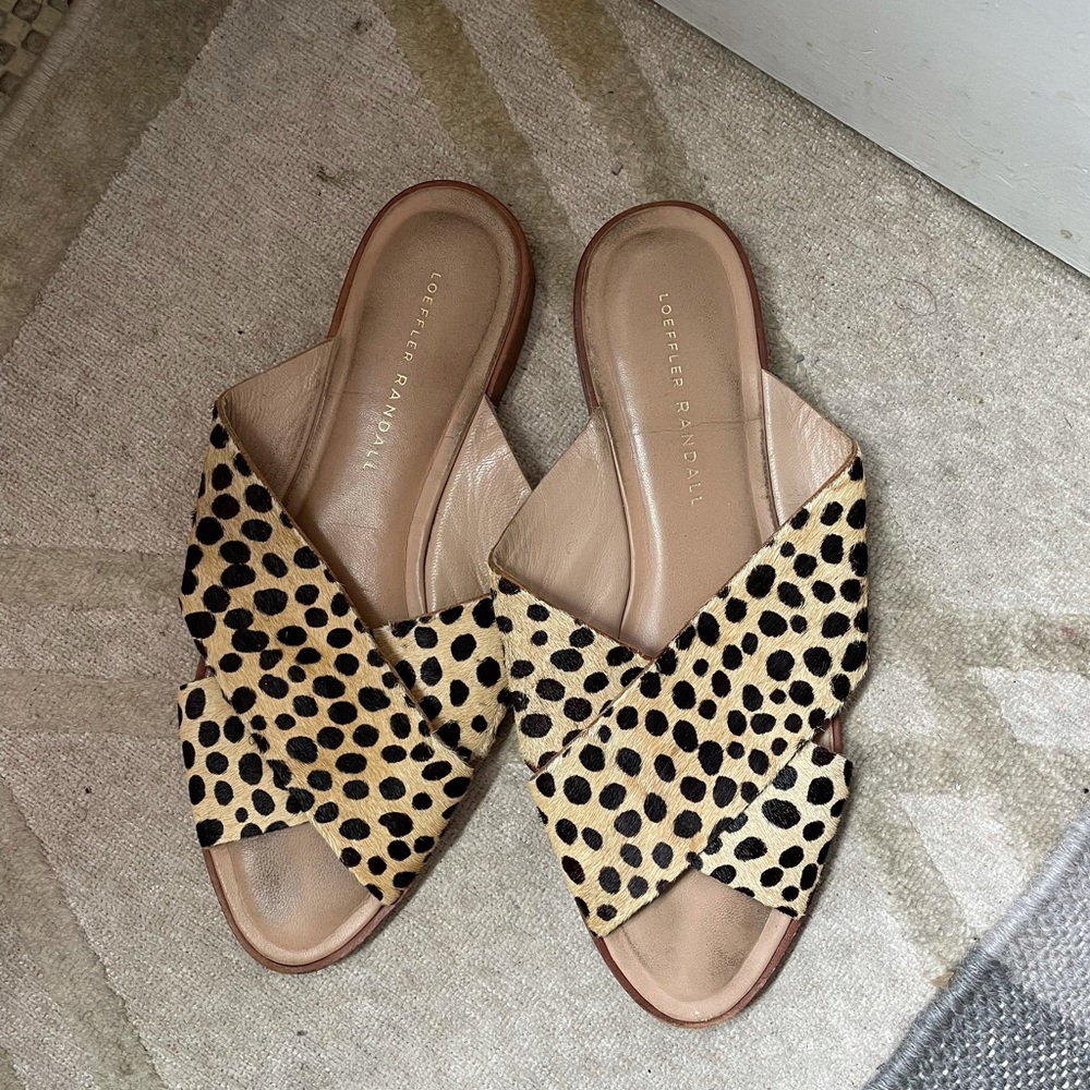 Loeffler Randall Leopard Print Tan and Black Slide Sandals